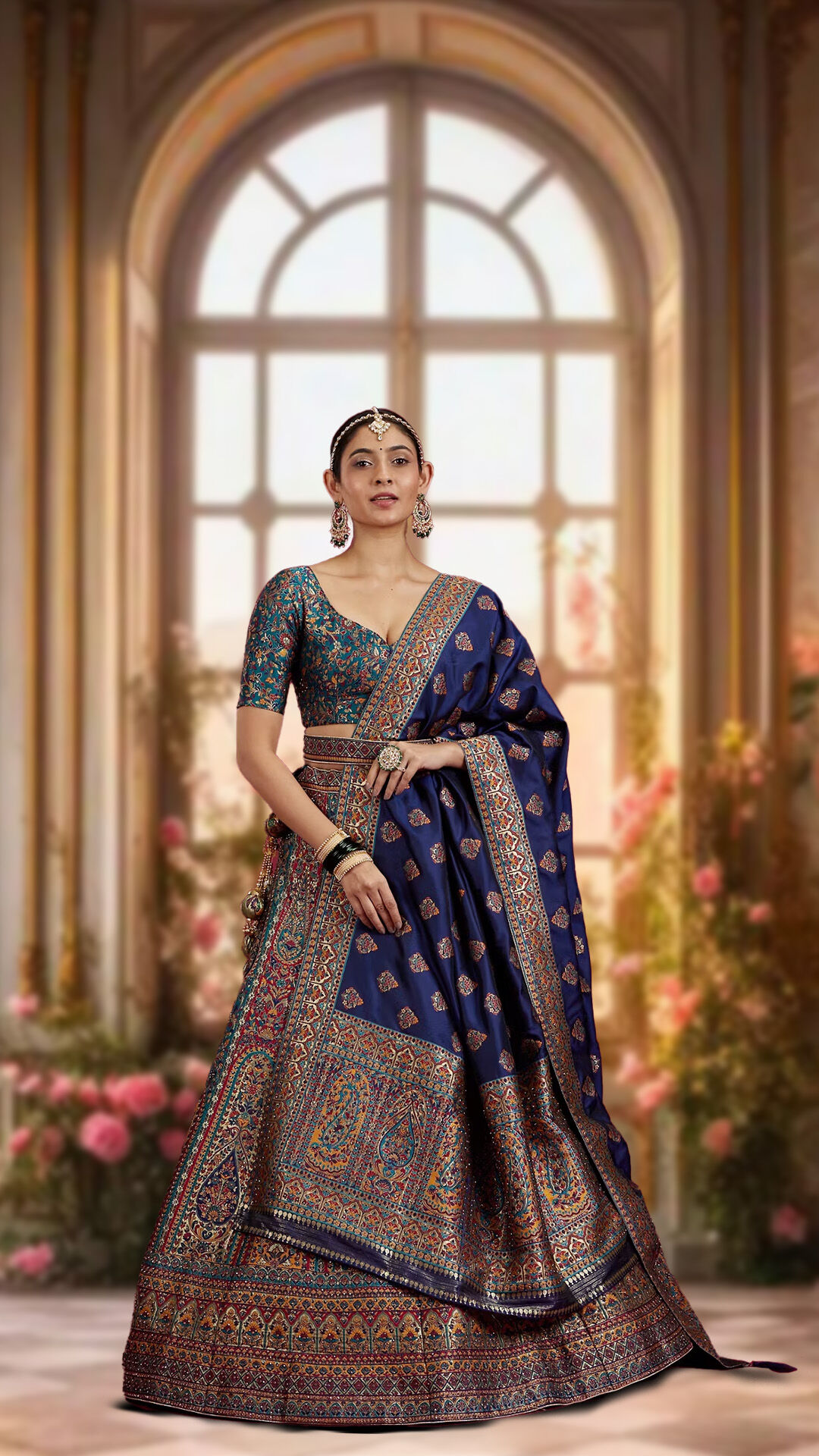 A beautiful woman in an elegant navy blue silk lehenga